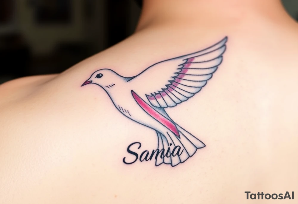 A dove carrying a breast cancer ribbon with the name Samia. tattoo idea