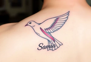 A dove carrying a breast cancer ribbon with the name Samia. tattoo idea