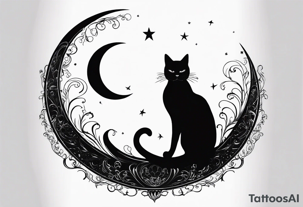 silhouette of full body black cat sitting on outline of crescent moon, simple tattoo idea