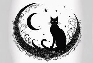 silhouette of full body black cat sitting on outline of crescent moon, simple tattoo idea