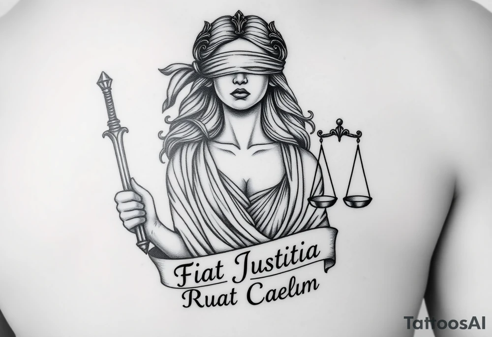 A striking black and grey tattoo design of a regal, blindfolded woman, symbolizing justice. She has an air of strength and wisdom, with flowing hair and a serene yet powerful expression. One breast must be exposed, representing vulnerability and truth. She holds a sword in one hand, symbolizing enforcement of justice, and a set of scales in the other, signifying balance. The Latin phrase ‘Fiat Justitia Ruat Caelum’ is elegantly inscribed in a classical, Roman-inspired font, either flowing beneath her or wrapping around the design. The overall style is a fusion of realism and fine-line tattoo artistry, with intricate shading and dramatic contrasts to give depth and texture. make it to fit the upper right arm tattoo idea
