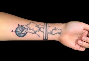 Big cross with clouds in the back with a dove a the bottom left of the forearm with a blue circle around it and the number 4 to the of the dove. cover the whole forearm tattoo idea