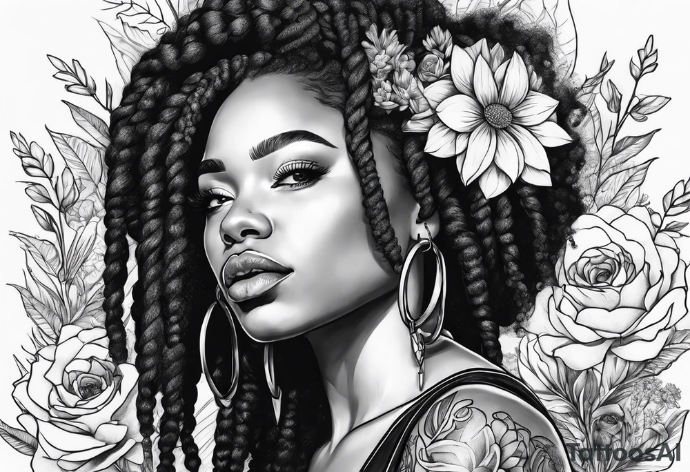 Black Woman with locs and flowers tattoo idea