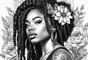 Black Woman with locs and flowers tattoo idea