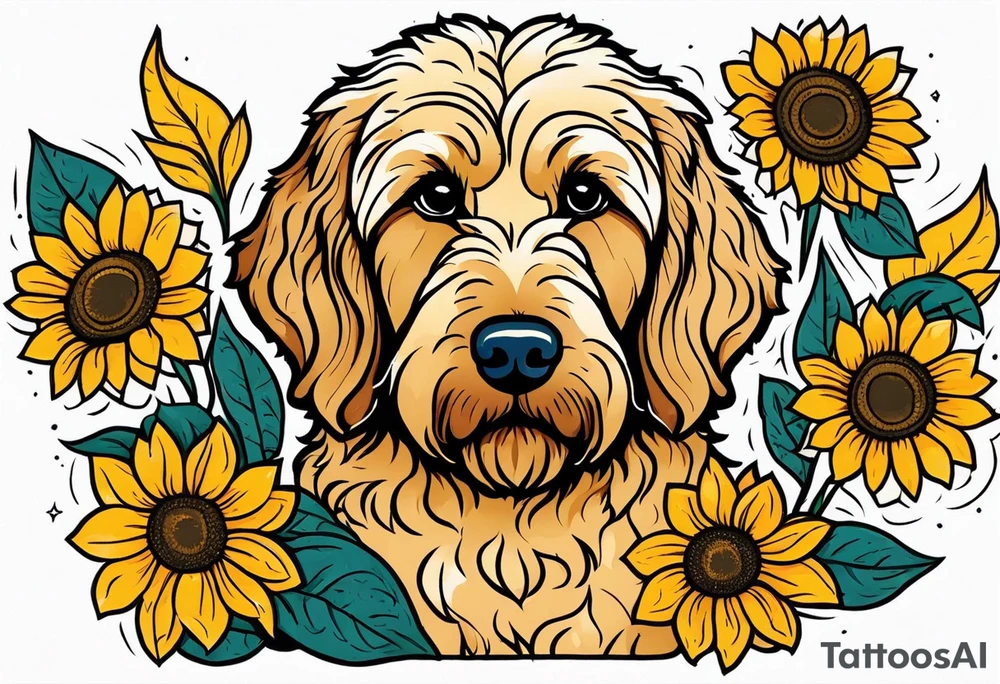 goldendoodle with sunflowers around the dog in color tattoo idea