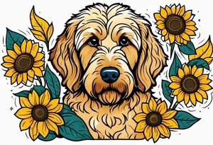 goldendoodle with sunflowers around the dog in color tattoo idea
