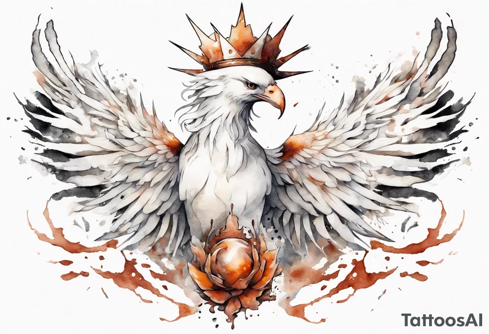 a white phoenix wearing rusty crown around its head tattoo idea