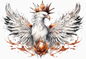 a white phoenix wearing rusty crown around its head tattoo idea