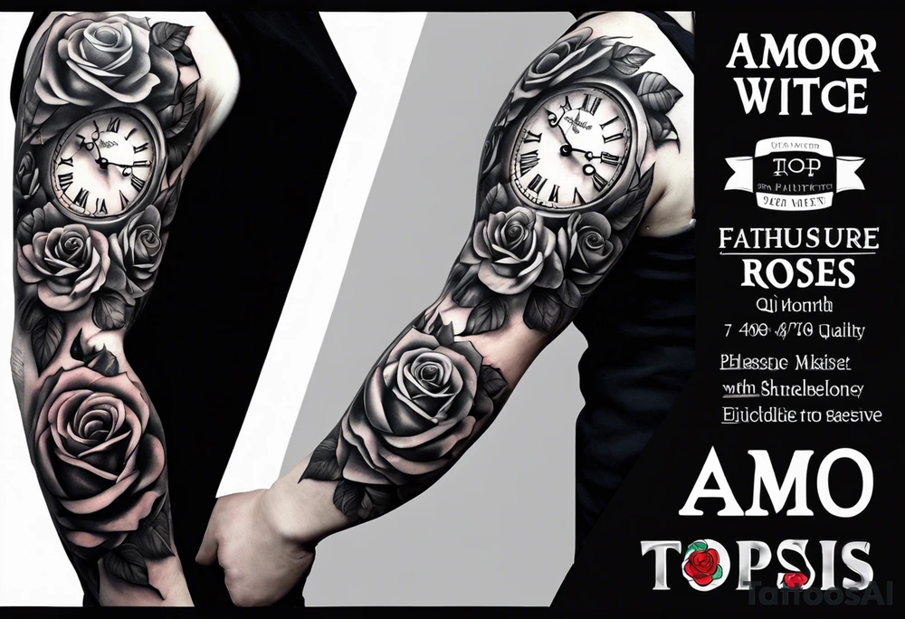 Clock with roses on shoulder/bicep going into roses with the word amor on forearm full sleeve tattoo idea