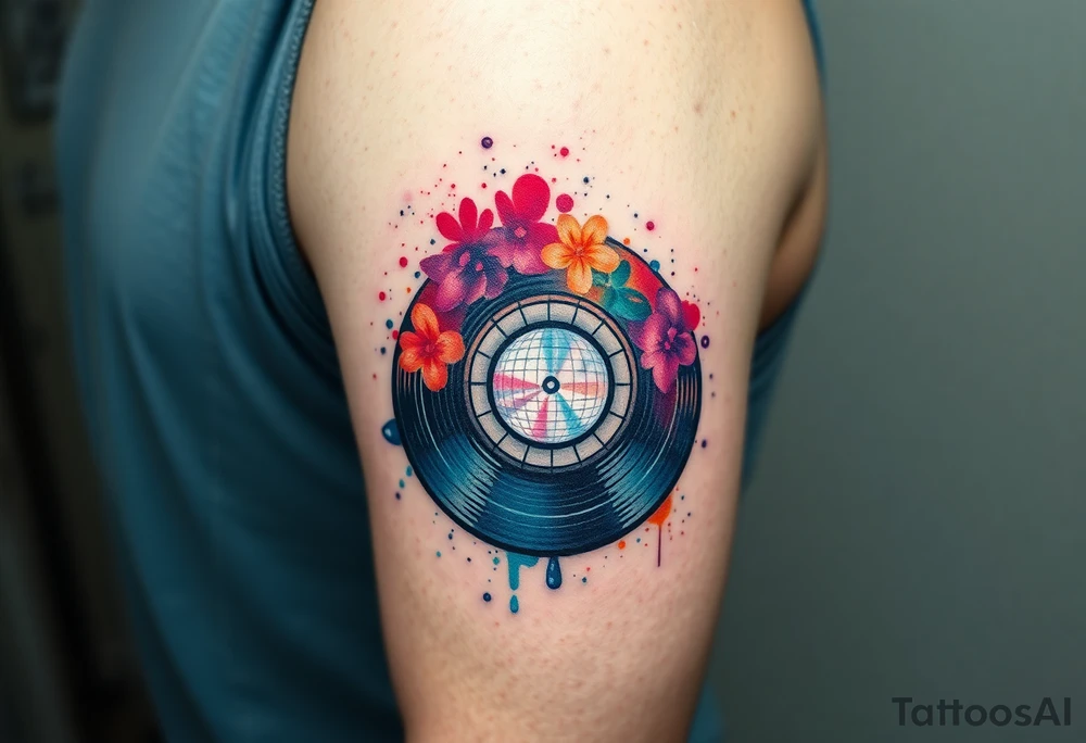vinyl record and disco ball tattoo idea