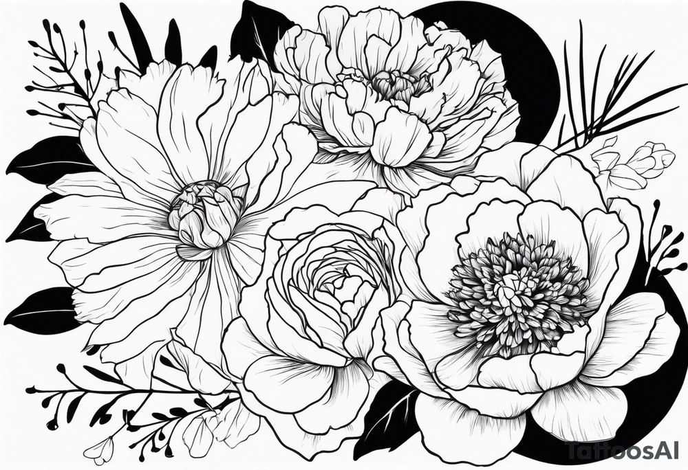 make me a tattoo that has one of each following flowers peony, carnation, daffodil, daphne, dahlia, desiree, daisy and rose tattoo idea