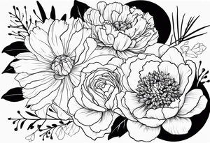 make me a tattoo that has one of each following flowers peony, carnation, daffodil, daphne, dahlia, desiree, daisy and rose tattoo idea