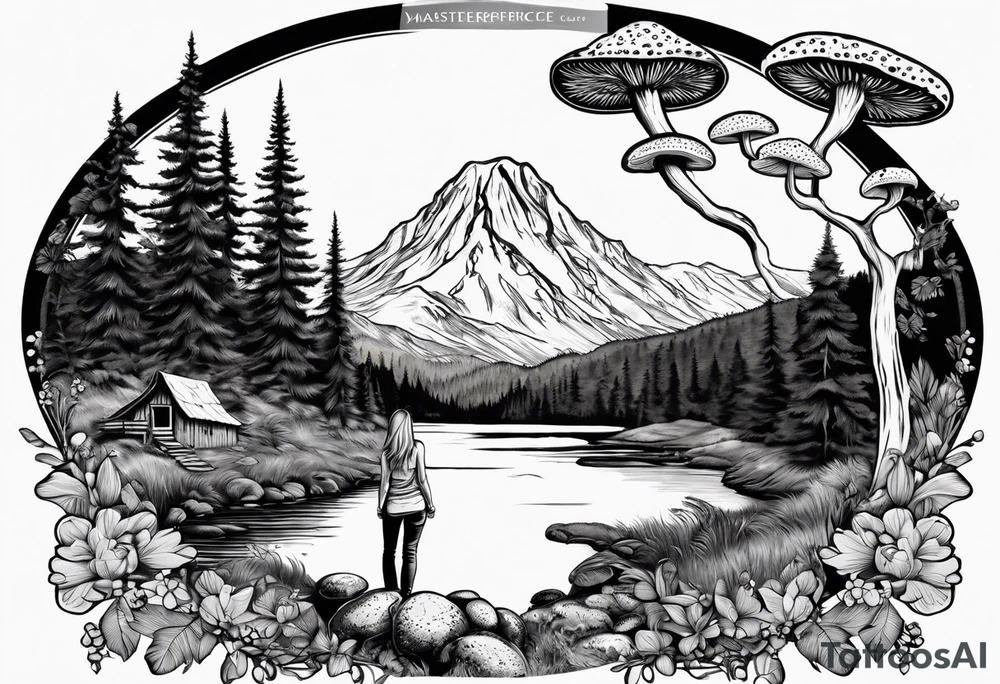 Whole picture encircled fully

Straight long blonde hair hippie girl in distance holding mushrooms in hand facing away toward mountains and creek surrounded by mushrooms long sleeve shirt and hiking pants; whole rendering within a full circle, no cut off circle tattoo idea