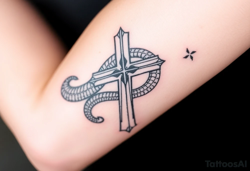 The cross impales the snake tattoo idea
