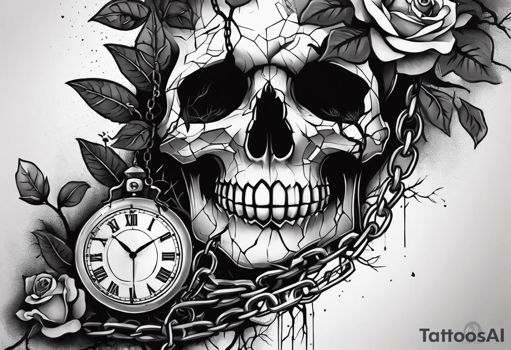 tattoo fool sleeve, tree roots break out of the chains at the bottom of the hand, broken mask, Clock with flying numbers, girl, skull, roses, less shadows tattoo idea