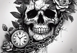 tattoo fool sleeve, tree roots break out of the chains at the bottom of the hand, broken mask, Clock with flying numbers, girl, skull, roses, less shadows tattoo idea