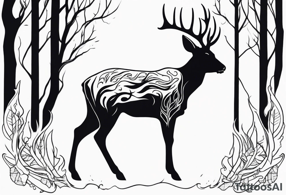 side view of a standing on two legs deer humanoid skull JUST BONE surrounded by a flames and trees tattoo idea