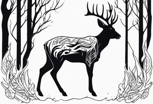 side view of a standing on two legs deer humanoid skull JUST BONE surrounded by a flames and trees tattoo idea