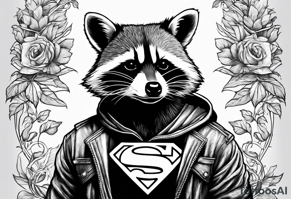 raccoon wearing a Superman hoodie tattoo idea