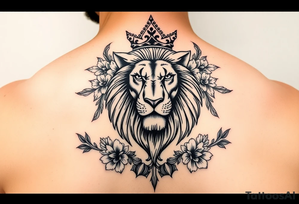 powerful majestic lion with a crown, surrounded by floral ornaments and birds tattoo idea