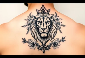 powerful majestic lion with a crown, surrounded by floral ornaments and birds tattoo idea