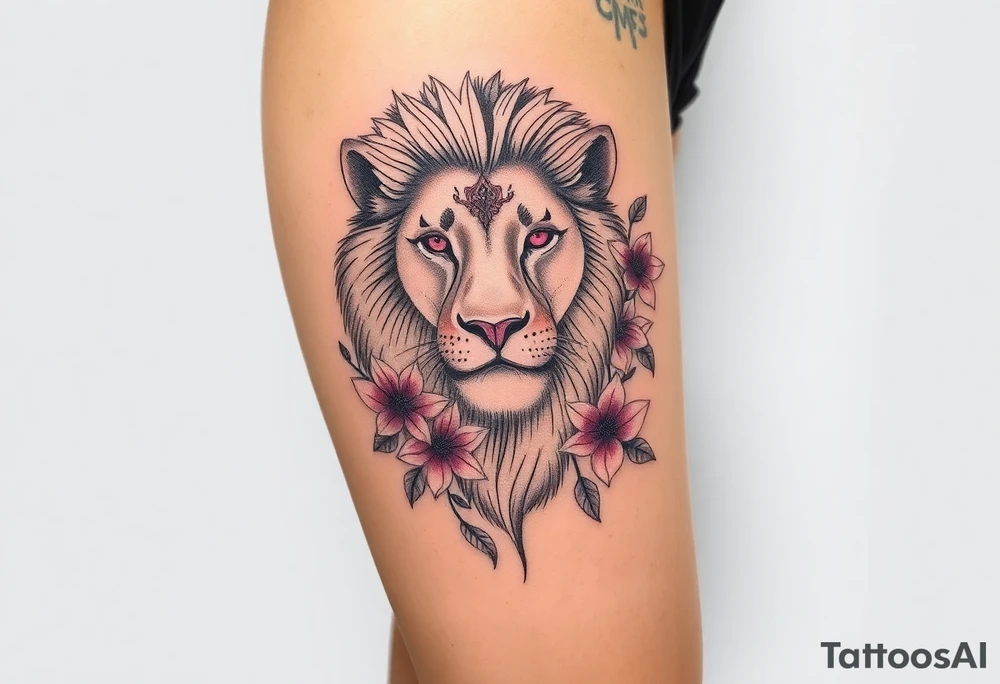 Lion with larkspur and water lilies tattoo idea