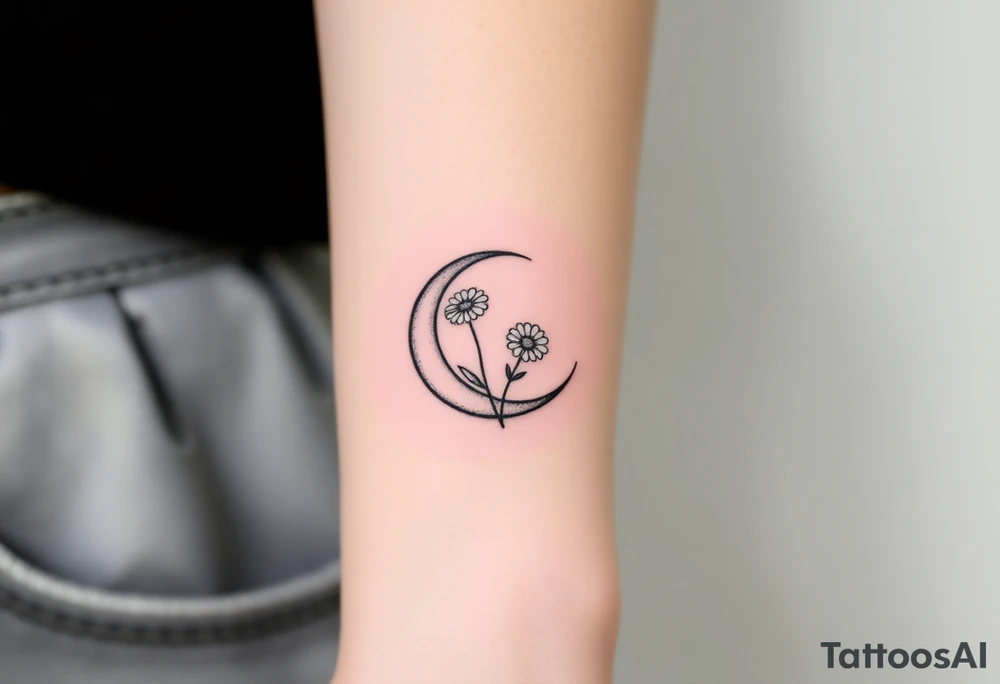 Small black and white tattoo waxing crescent moon with small Daisy birth flower and tiny Leo gliph tattoo idea