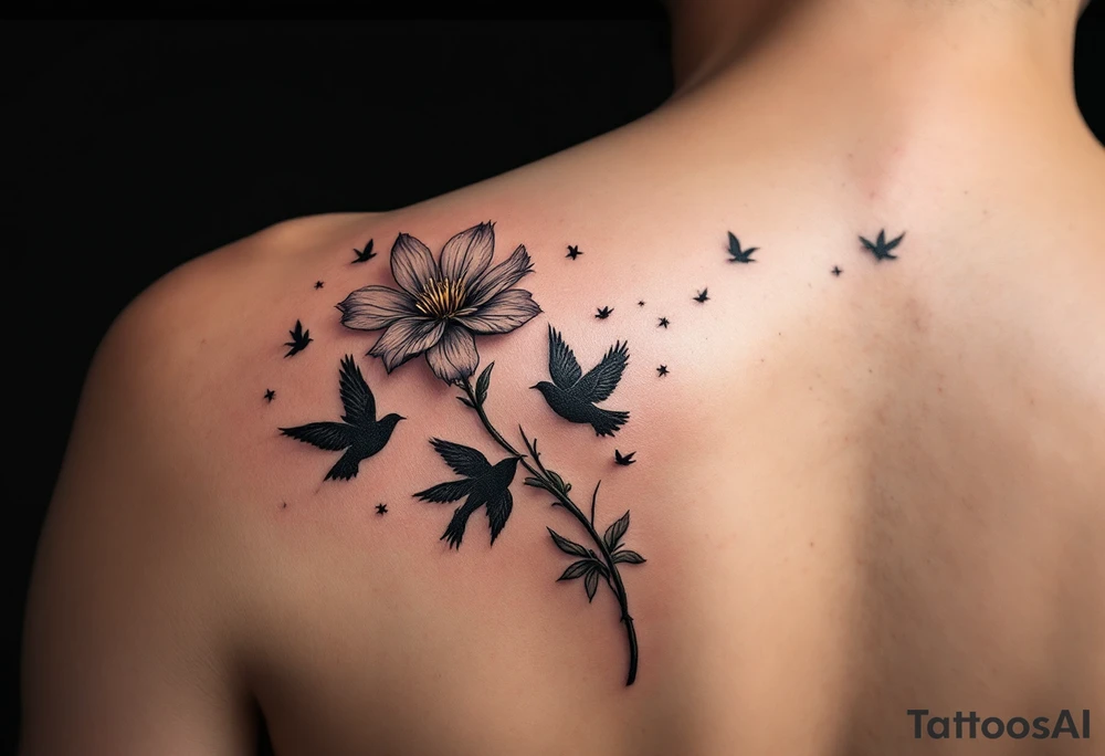A wood violet blowing in the wind with pedals floating away turning into birds tattoo idea