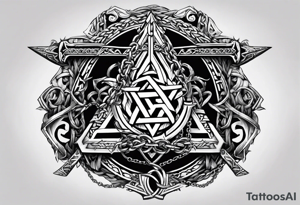 Valhalla sword shield  axe Valknut barbed wire chains tattoo idea