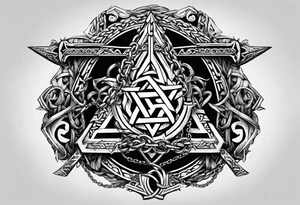 Valhalla sword shield  axe Valknut barbed wire chains tattoo idea
