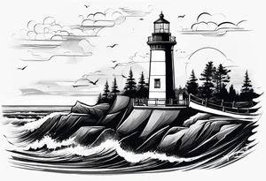 maritime lighthouse partially hidden by its 2 large fixed sails. tattoo idea