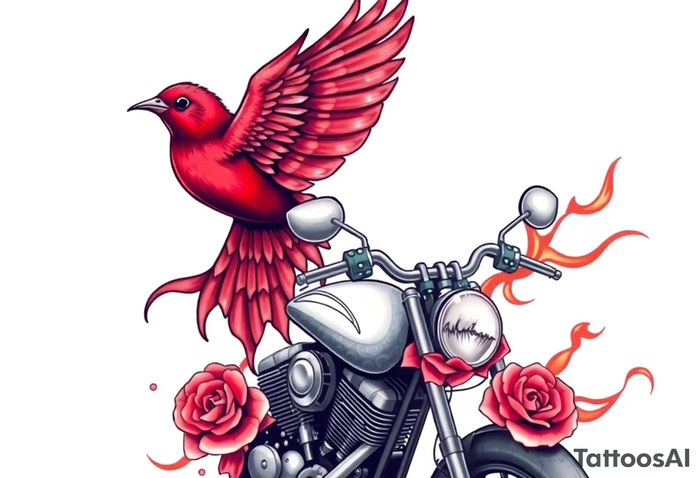Motorcycle, red bird flying, roses and lace, flames tattoo idea