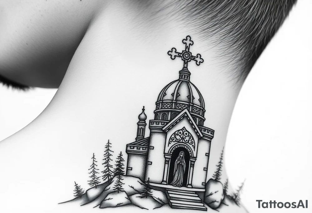 russian design traditional christian orthodox cross with a virgin mary stood beside the entrance of a russian orthodox dome church on the side of the neck in a wilderness setting with the design spread out the side of the neck tattoo idea