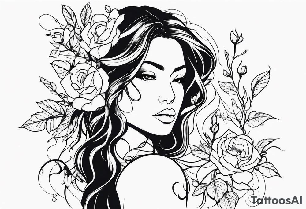 Powerful sexy warrior woman with flowers and vines tattoo idea