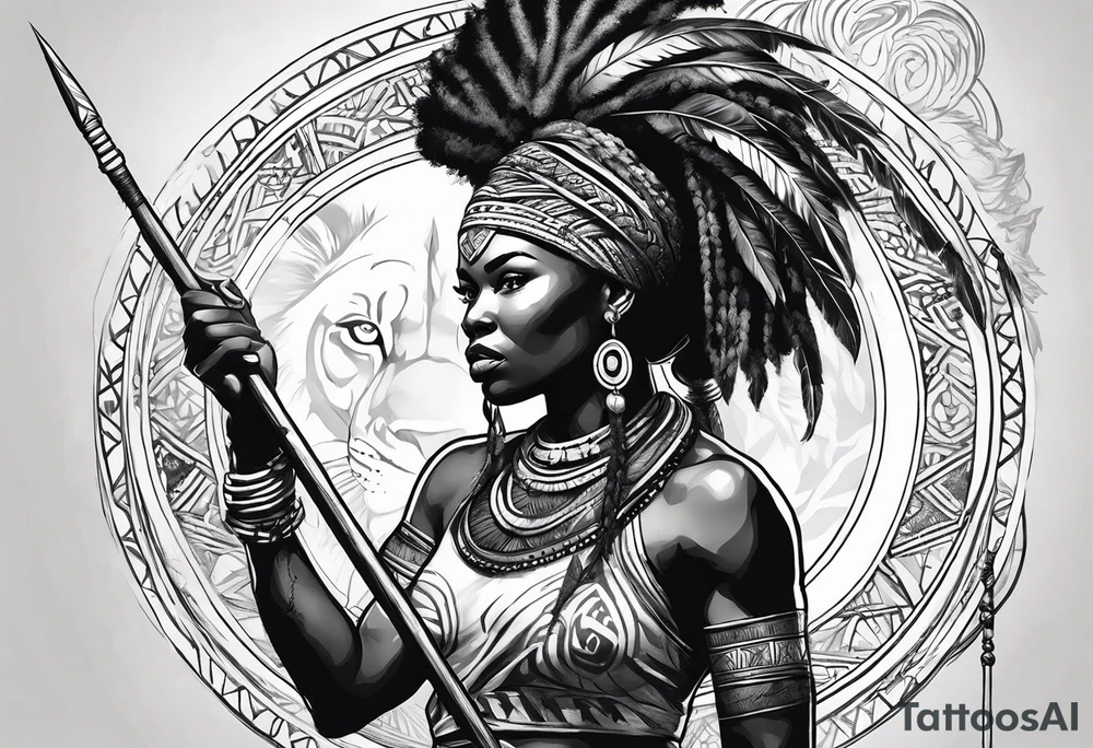 African woman warrior holding spear in action with earrings. Tribe marks on her face and tree Branch brids and lion in the background tattoo idea