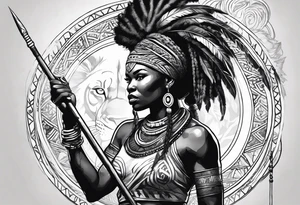 African woman warrior holding spear in action with earrings. Tribe marks on her face and tree Branch brids and lion in the background tattoo idea