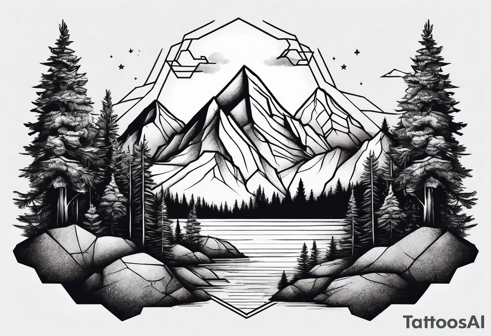 mountain with trees in hexagon tattoo idea