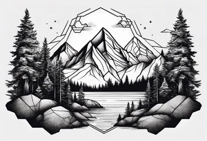 mountain with trees in hexagon tattoo idea