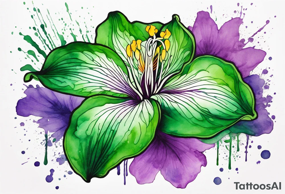 An outline of an only green rio dipladenia flower and a green and purple watercolor splash in the background tattoo idea
