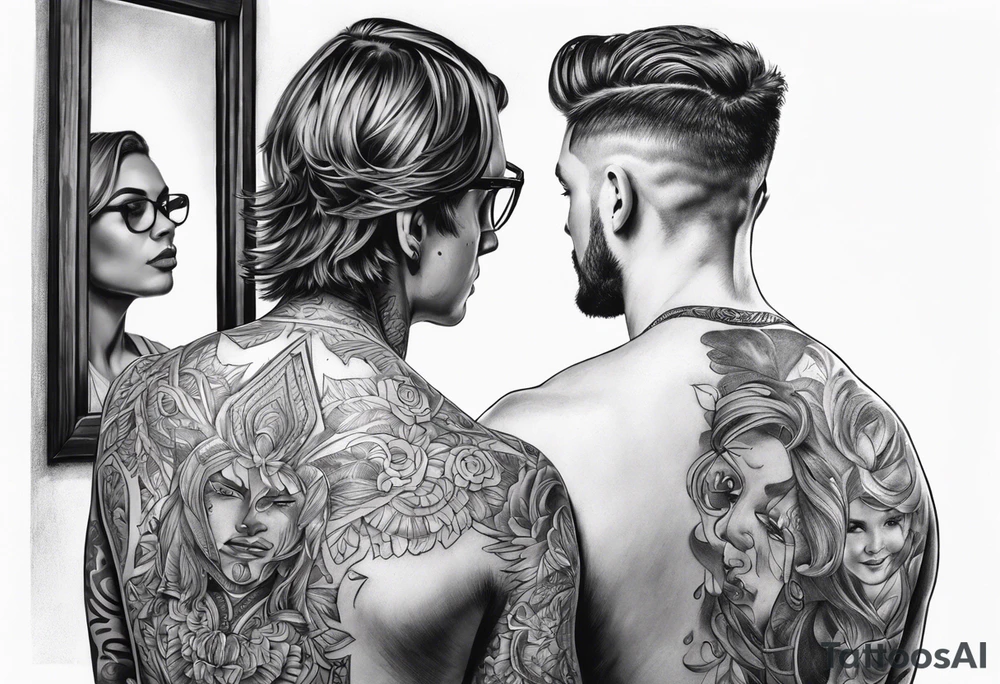 Transgender man looking in mirror from the back to a girl tattoo idea