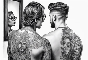 Transgender man looking in mirror from the back to a girl tattoo idea