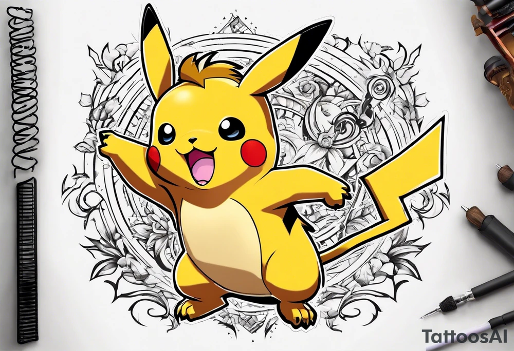pickachu playing with a lion with music notes and thunder bolts tattoo idea