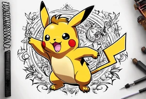 pickachu playing with a lion with music notes and thunder bolts tattoo idea