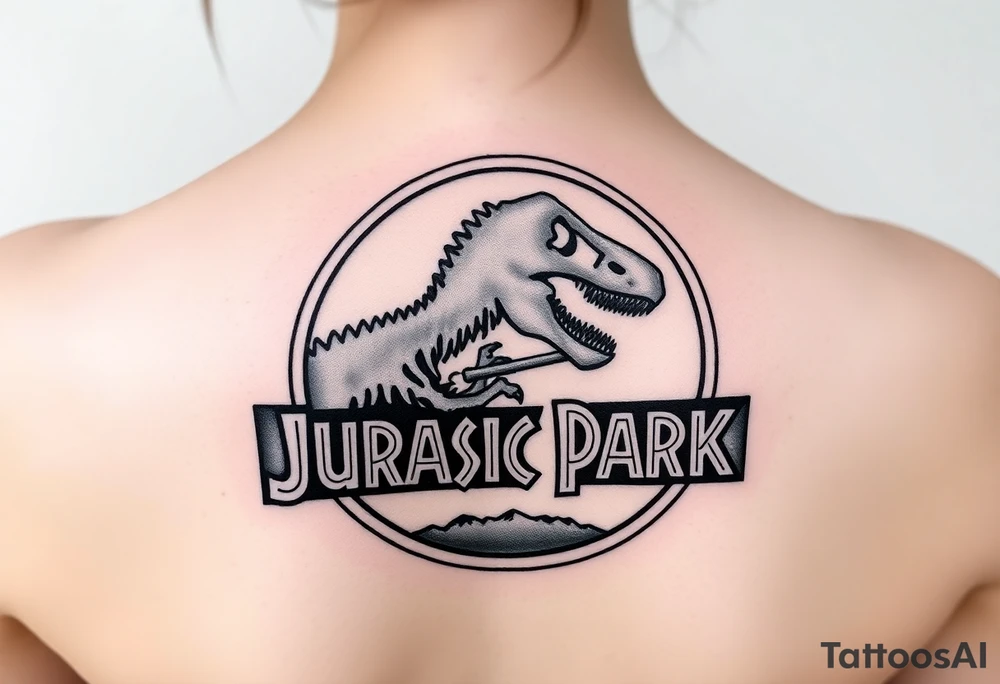 Jurassic Park logo with the dinosaur holding a stick tattoo idea