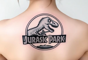 Jurassic Park logo with the dinosaur holding a stick tattoo idea