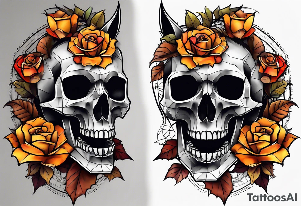 blackwork  Bat Knee tattoo in fall colors showing a large skull with a rose in the style tattoo idea