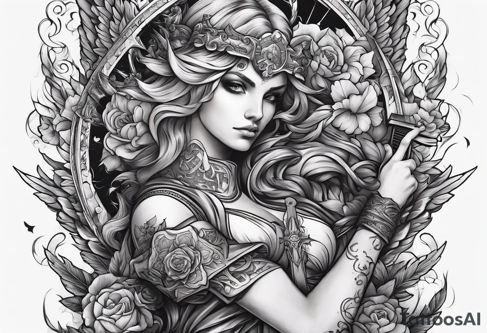 Arm sleeve with Angels with guns fighting demons below tattoo idea