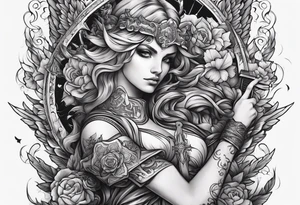 Arm sleeve with Angels with guns fighting demons below tattoo idea