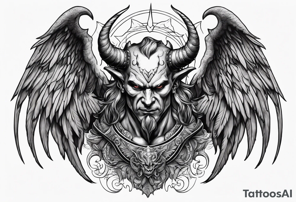 Devil with angel wings aggressive  behind Sundays in the background tattoo idea