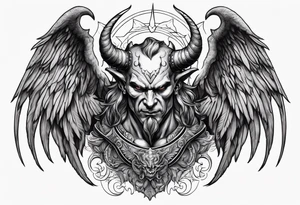 Devil with angel wings aggressive  behind Sundays in the background tattoo idea